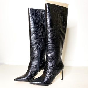 BRAND NEW! NINE WEST BLACK/CROCCO HEELED BOOTS!!!